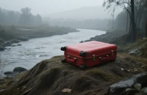 Bí ẩn kinh hoàng về chiếc vali màu đỏ bị bỏ rơi Hình ảnh 3D về một chiếc vali màu đỏ nằm trên một gò đất, bên cạnh một con sông. Khung cảnh bên ngoài nhìn thật thê lương