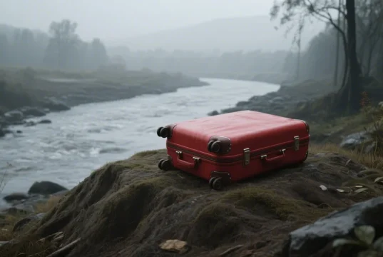 Bí ẩn kinh hoàng về chiếc vali màu đỏ bị bỏ rơi Hình ảnh 3D về một chiếc vali màu đỏ nằm trên một gò đất, bên cạnh một con sông. Khung cảnh bên ngoài nhìn thật thê lương